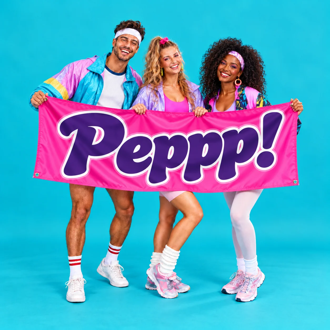 Three party people in colourful retro sportswear holding the pink Peppp! banner
